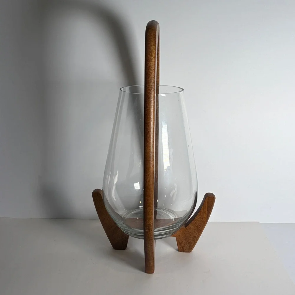 MCM Glass Hurricane Lantern Wood Arched Handle Tripod Base Decor 18